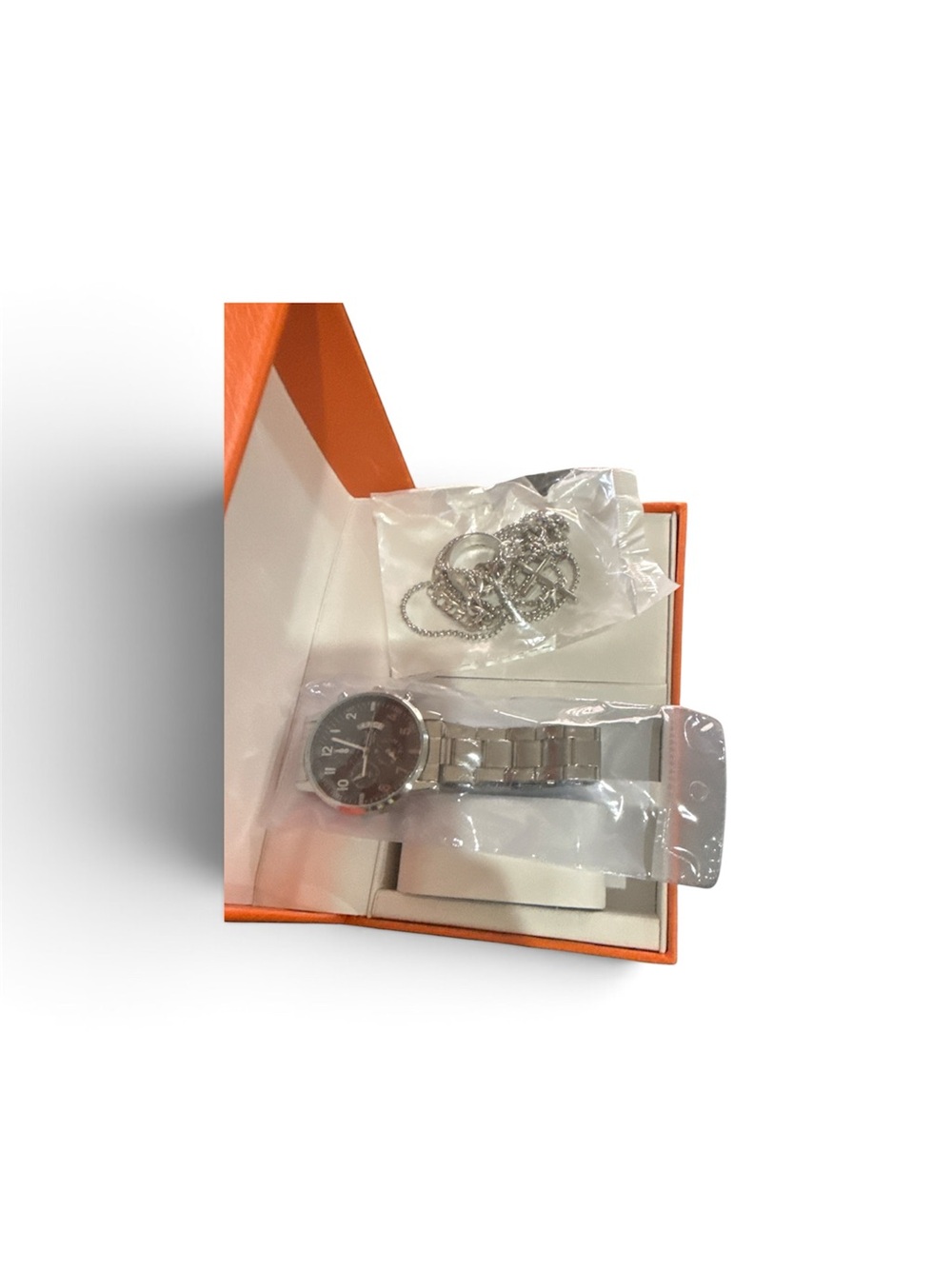 Silver Men's Stainless Steel Watch with Matching Chain